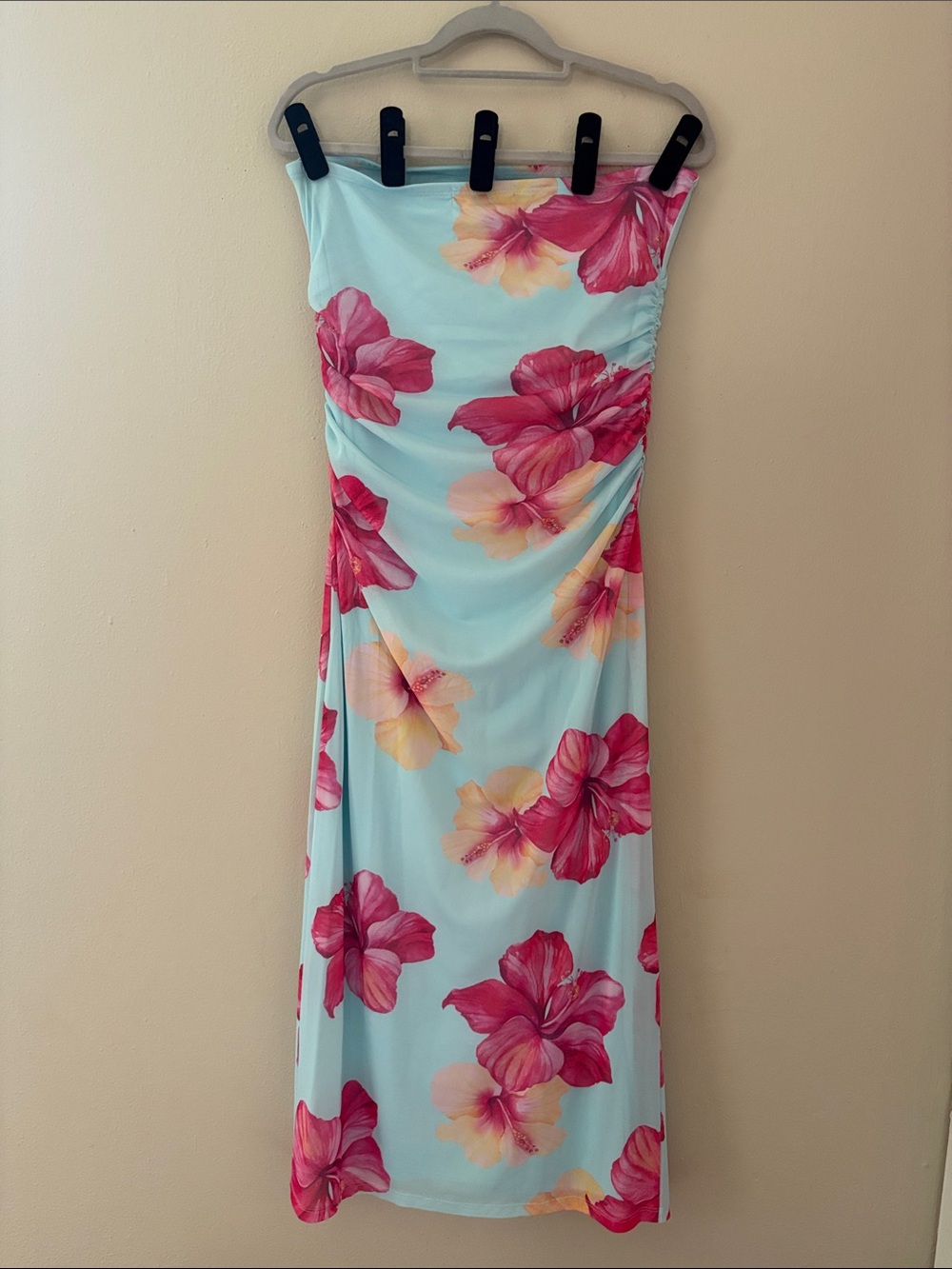 Madden Girl Light Blue Strapless Maxi Dress with Pink & Yellow Floral Print - Picture 2 of 3